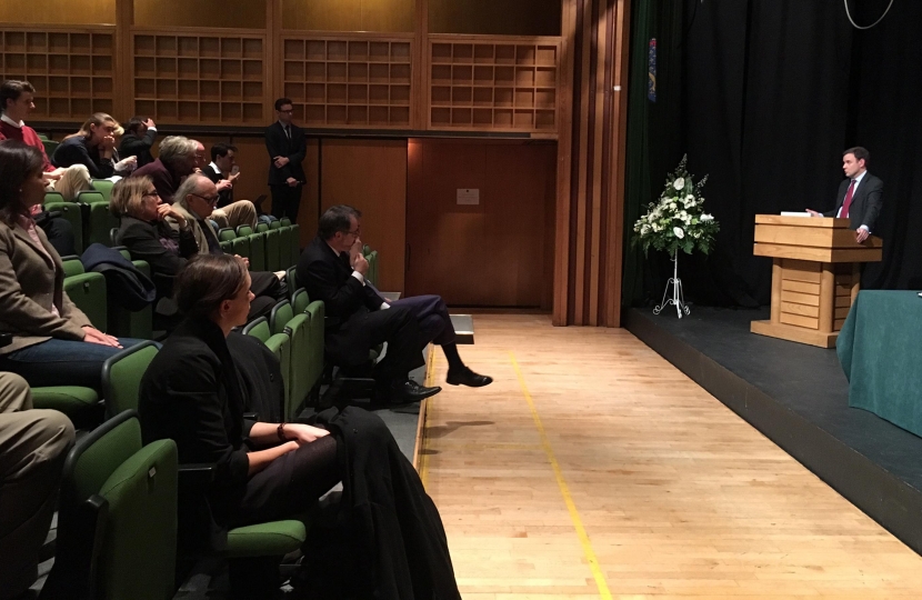 Greg Hands MP delivering this year's Cambridge University Alcuin Lecture on the future of Trade after Brexit.