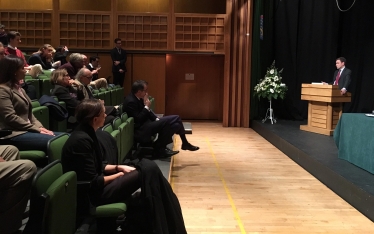 Greg Hands MP delivering this year's Cambridge University Alcuin Lecture on the future of Trade after Brexit.